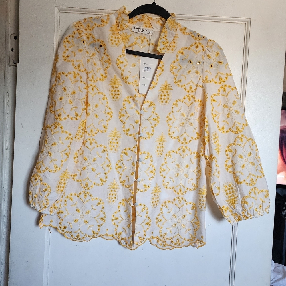 Miss Kelley White Button-Front Top with Yellow Eyelet Embroidery